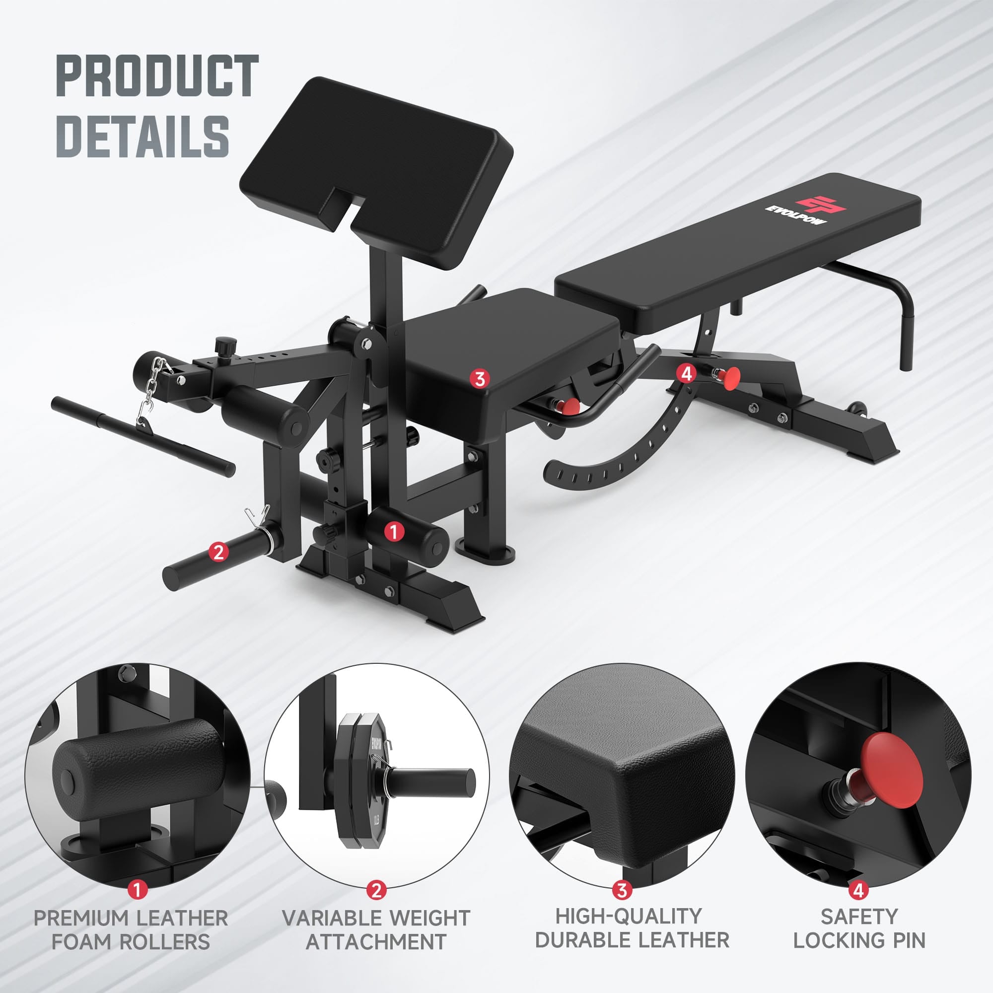 EVOLPOW BEC Multi-functional Adjustable Weight Bench with Preacher Curl and Leg Extension