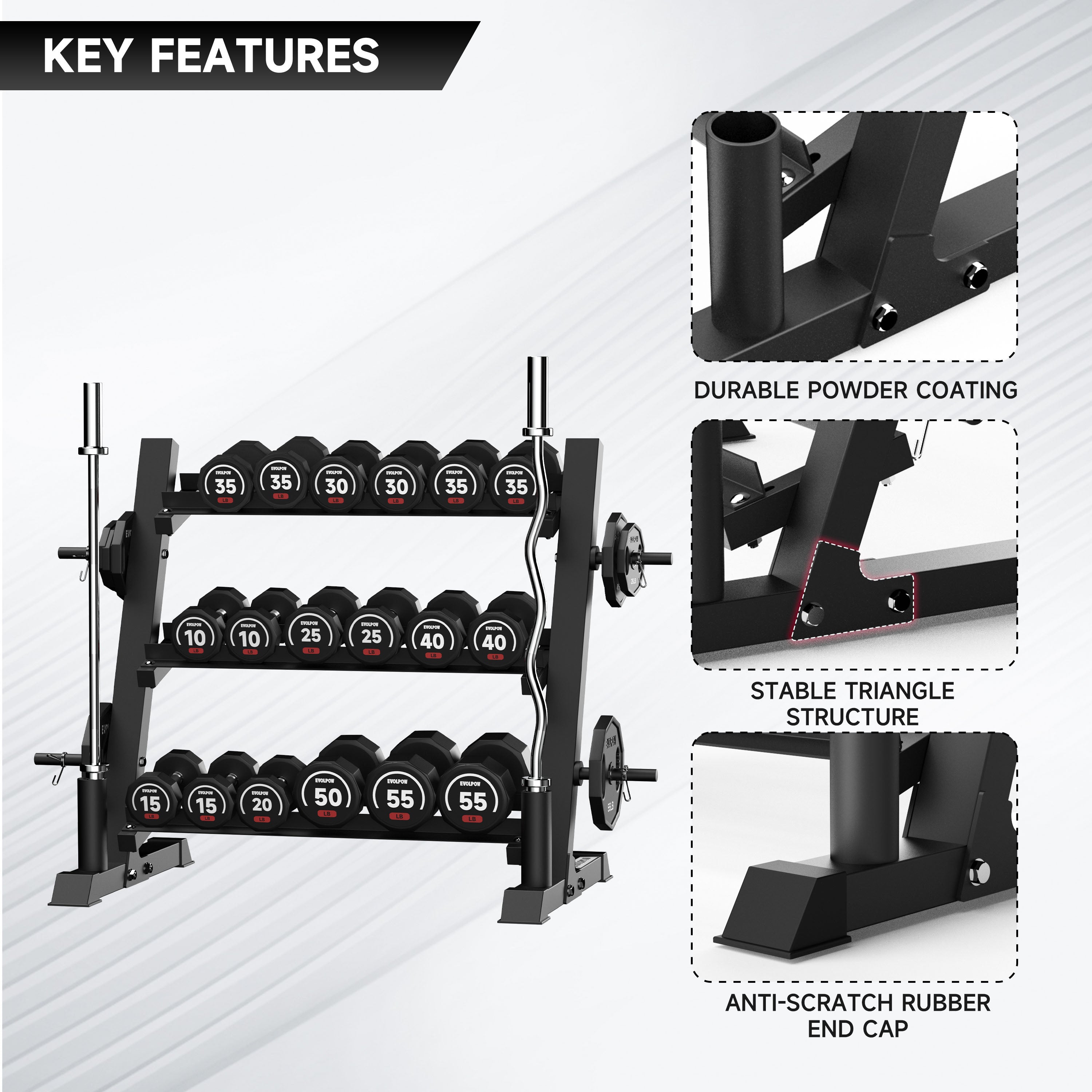EVOLPOW 3-Tier Multifunctional Dumbbell and Weight Plate Rack