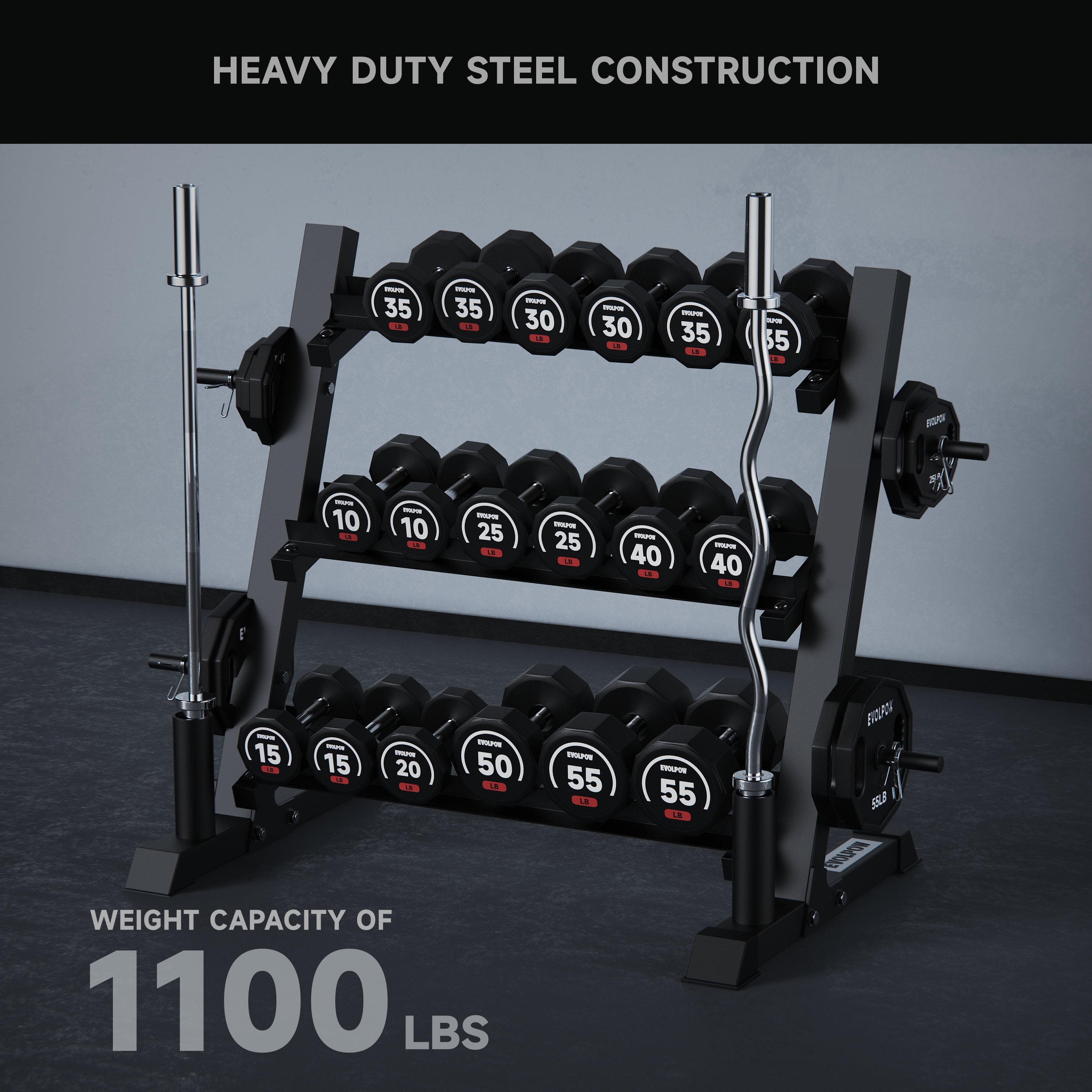 EVOLPOW 3-Tier Multifunctional Dumbbell and Weight Plate Rack