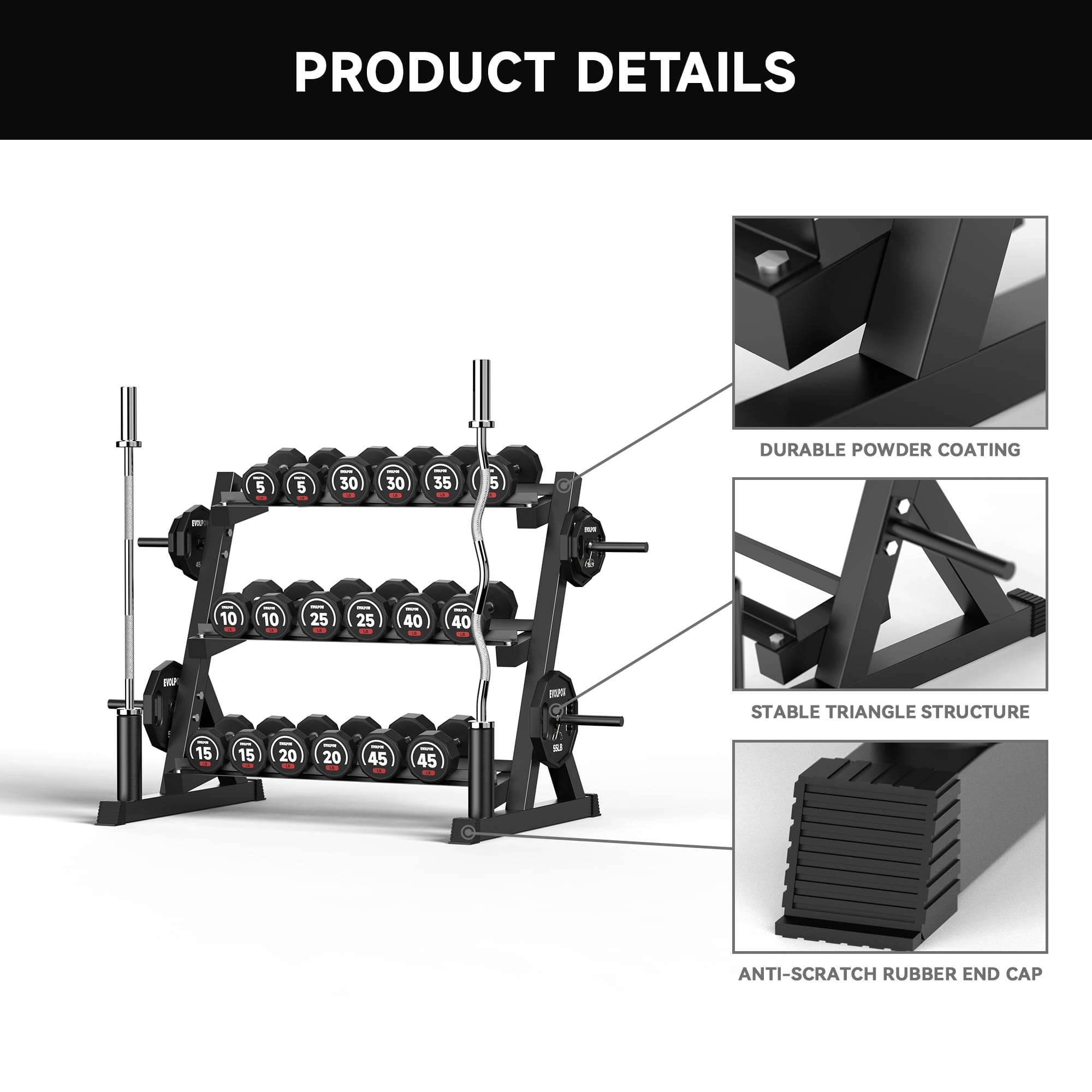 EVOLPOW 3 Tier Multifunctional Dumbbells Weights Barbells Rack