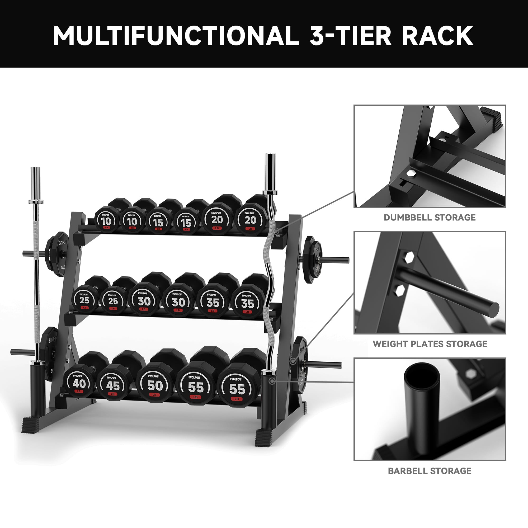 EVOLPOW 3 Tier Multifunctional Dumbbells Weights Barbells Rack