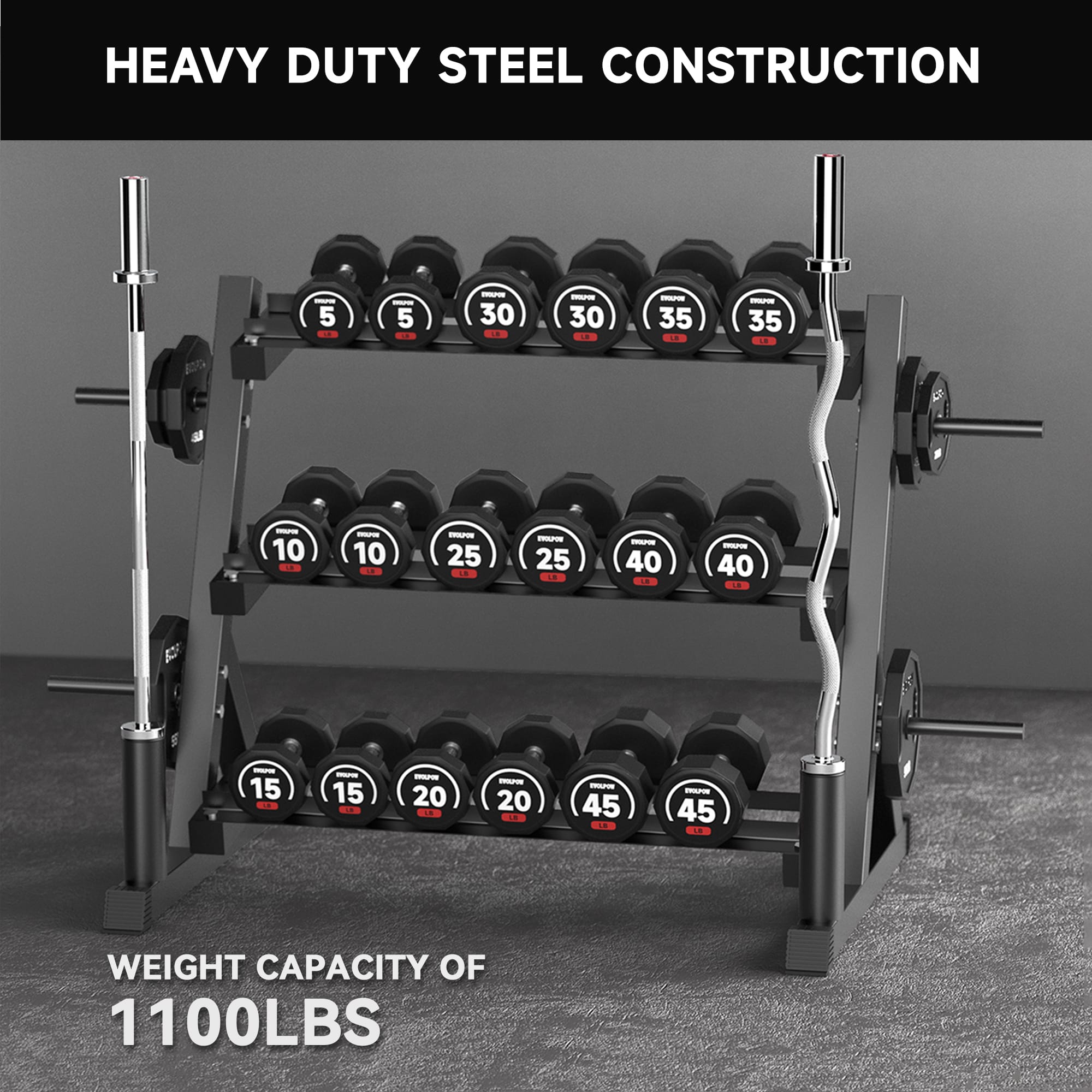 EVOLPOW 3 Tier Multifunctional Dumbbells Weights Barbells Rack