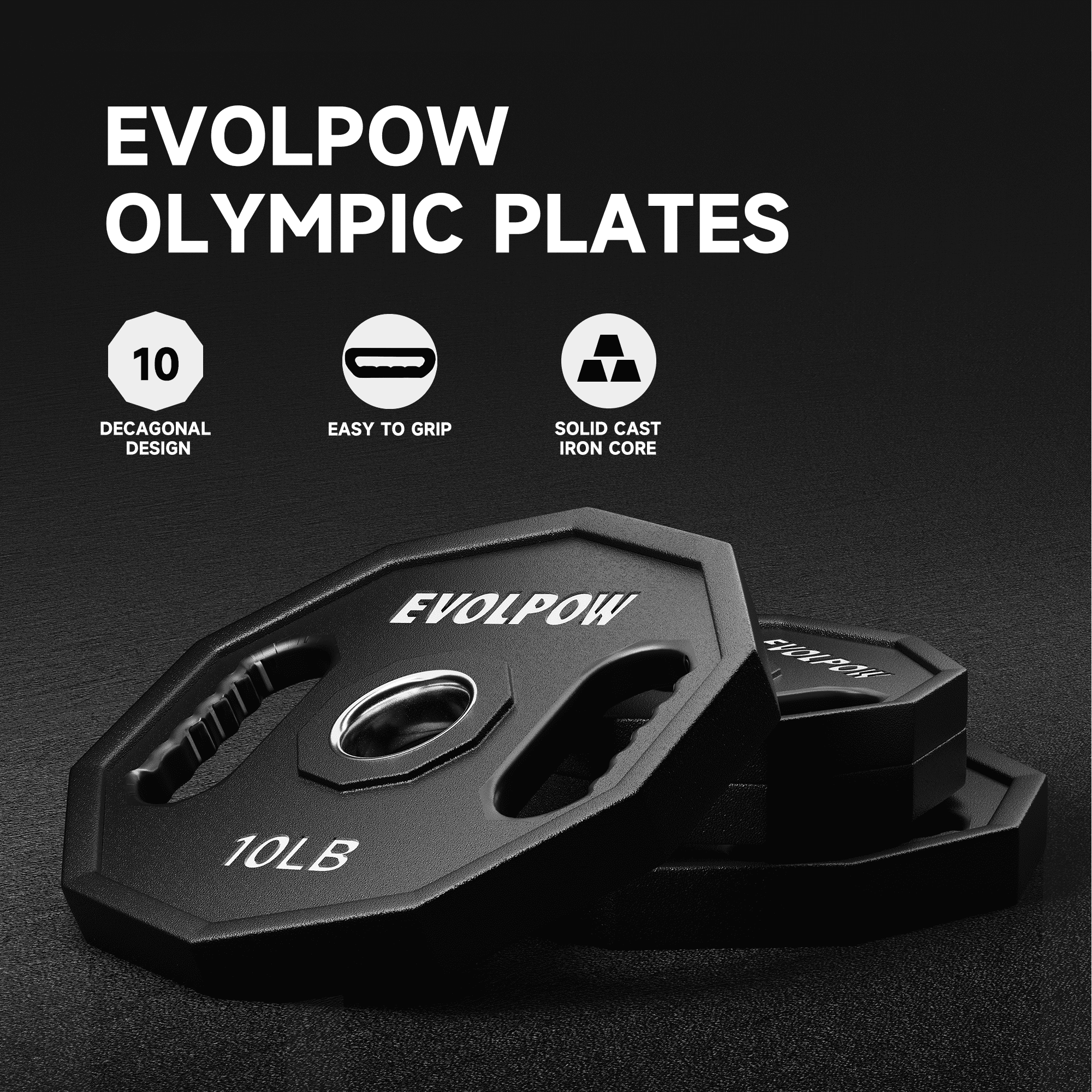 EVOLPOW 2-Inch Decagon PEV Olympic Grip Weight Plates