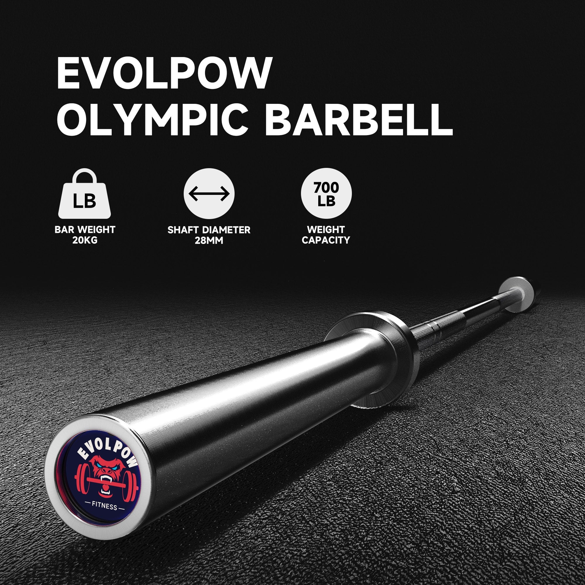 EVOLPOW 7FT Home Gym Olympic Barbell 700LBS Capacity - 20KG