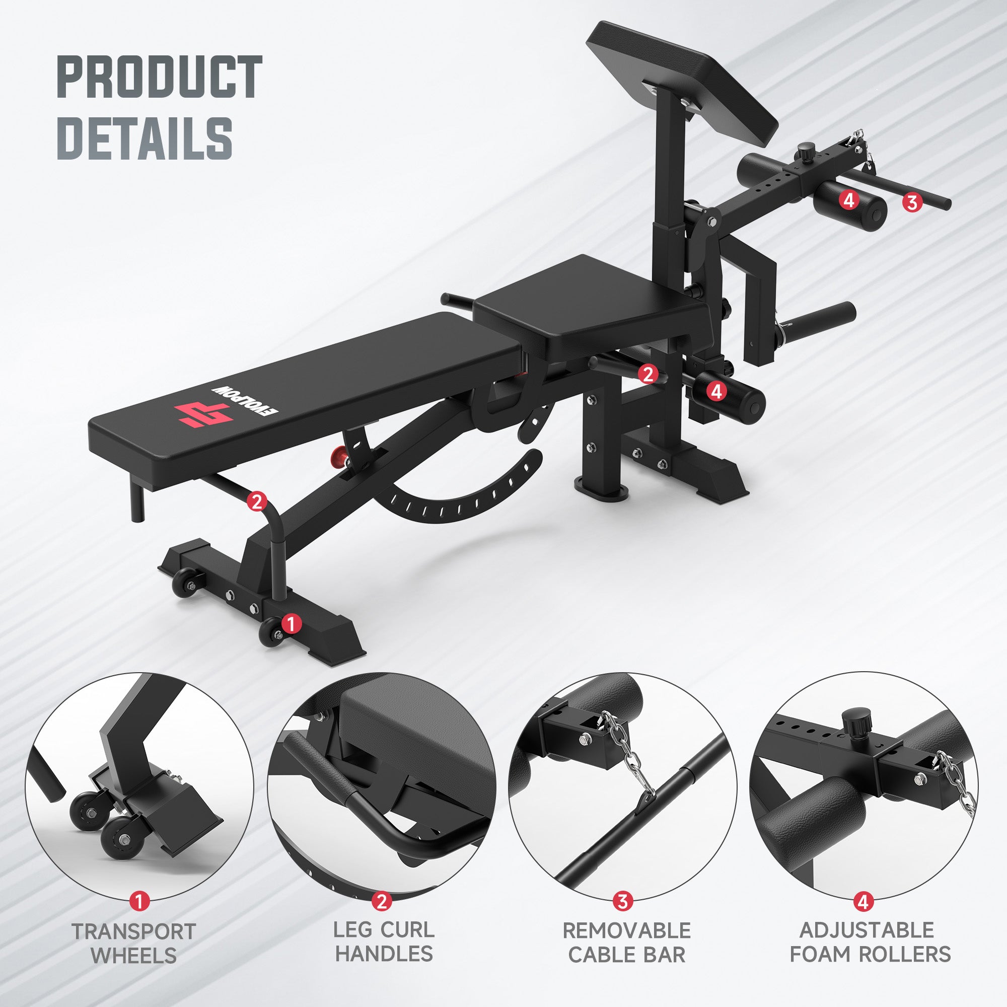 EVOLPOW BEC Multi-functional Adjustable Weight Bench with Preacher Curl and Leg Extension