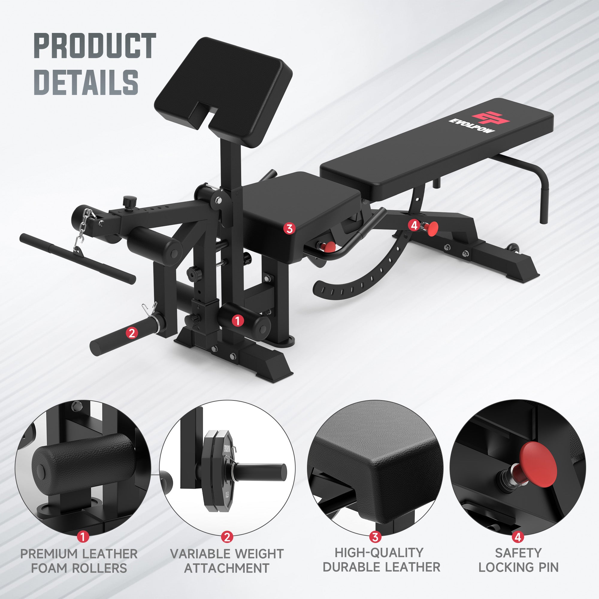 EVOLPOW BEC Multi-functional Adjustable Weight Bench with Preacher Curl and Leg Extension